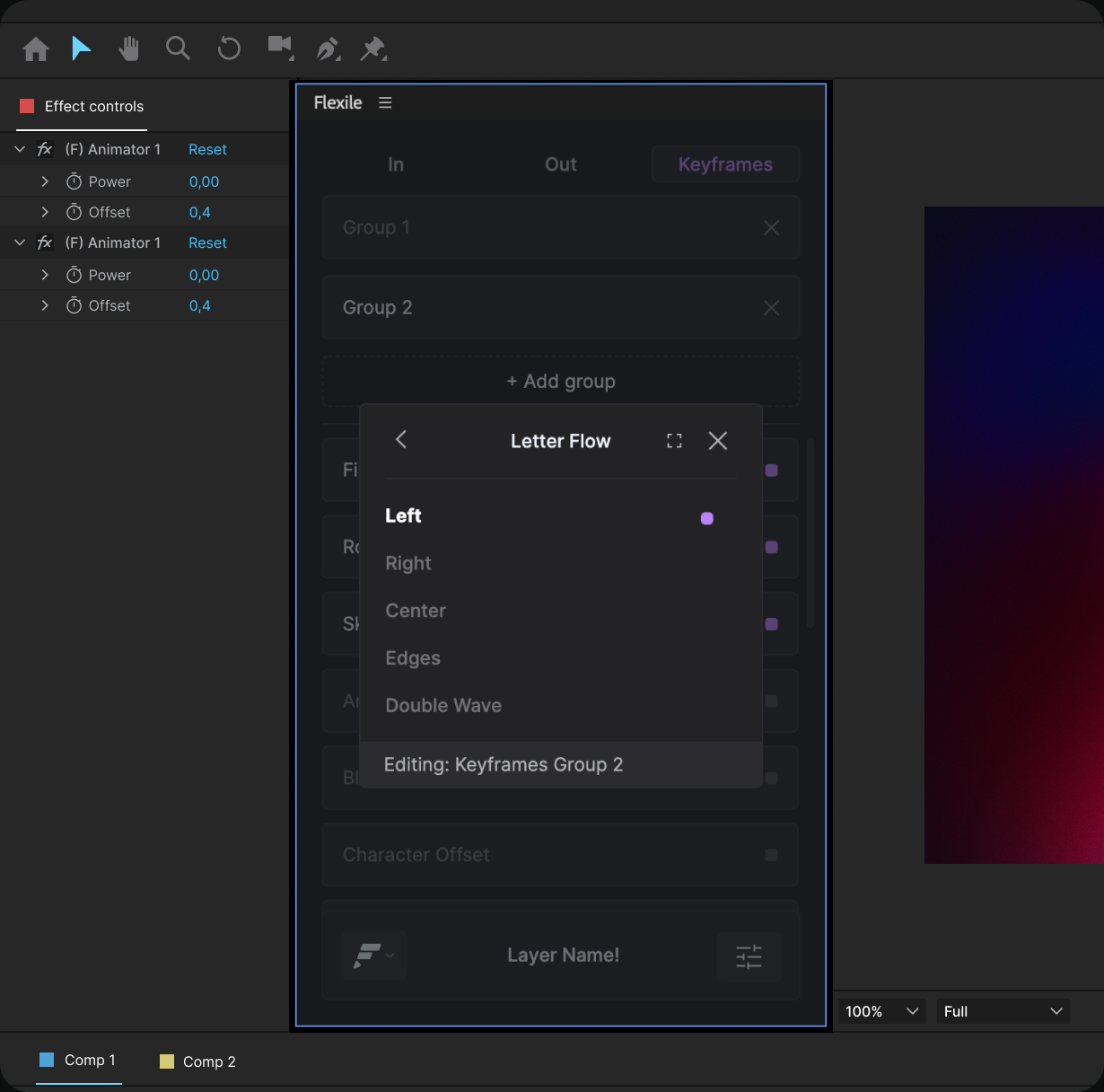 Flexile keyframe text animation panel