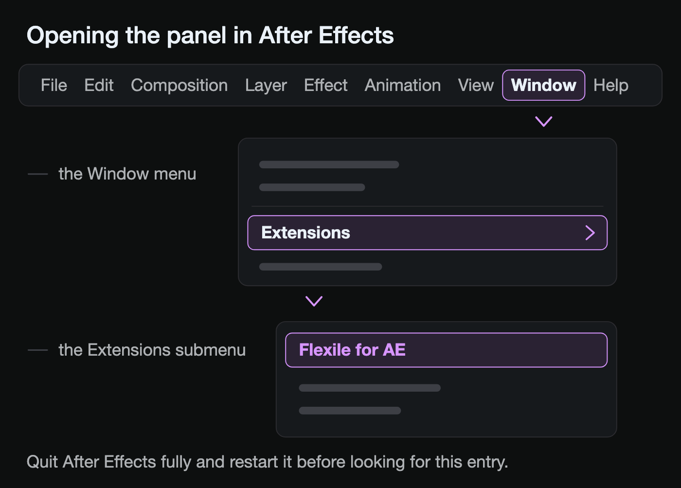 The After Effects Window > Extensions > Flexile for AE menu path
